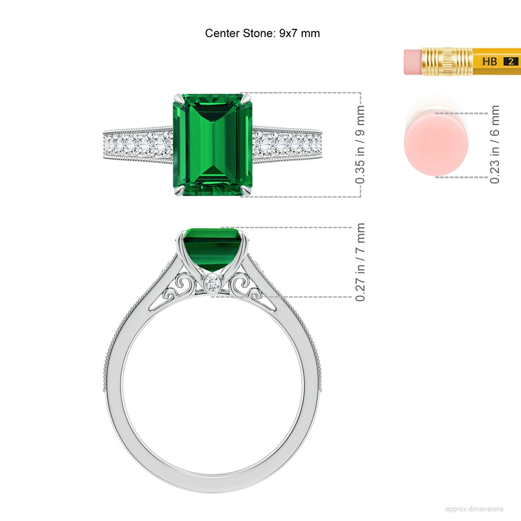 9x7mm Labgrown Vintage Inspired Emerald-Cut Lab-Grown Emerald Engagement Ring with Milgrain in White Gold ruler