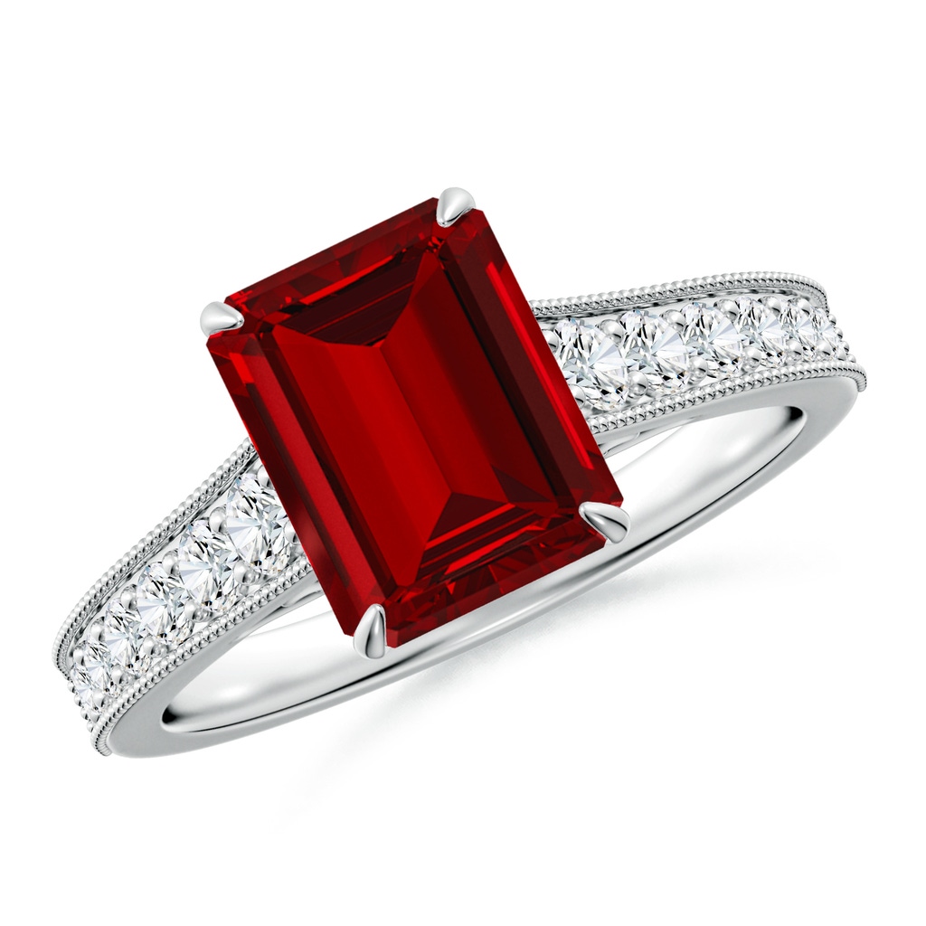 9x7mm Labgrown Vintage Inspired Emerald-Cut Lab-Grown Ruby Engagement Ring with Milgrain in White Gold