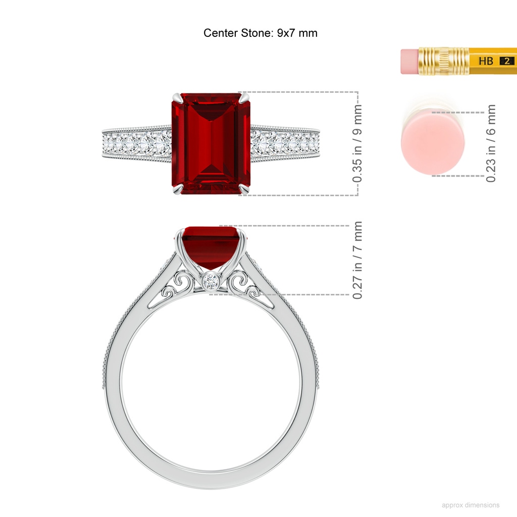 9x7mm Labgrown Vintage Inspired Emerald-Cut Lab-Grown Ruby Engagement Ring with Milgrain in White Gold ruler