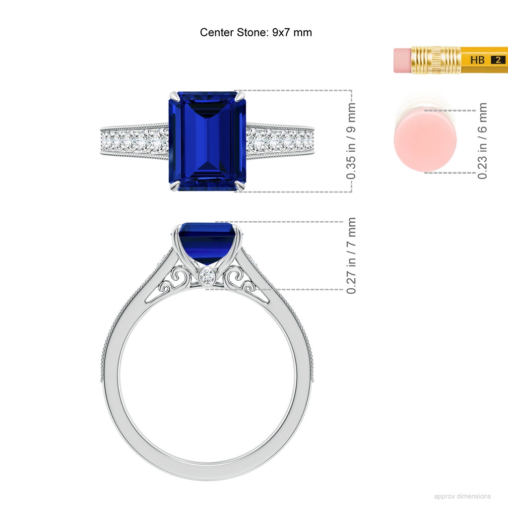9x7mm Labgrown Vintage Inspired Emerald-Cut Lab-Grown Blue Sapphire Engagement Ring with Milgrain in White Gold ruler