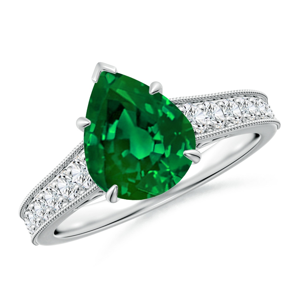 10x8mm Labgrown Vintage Inspired Pear-Shaped Lab-Grown Emerald Engagement Ring with Milgrain in White Gold