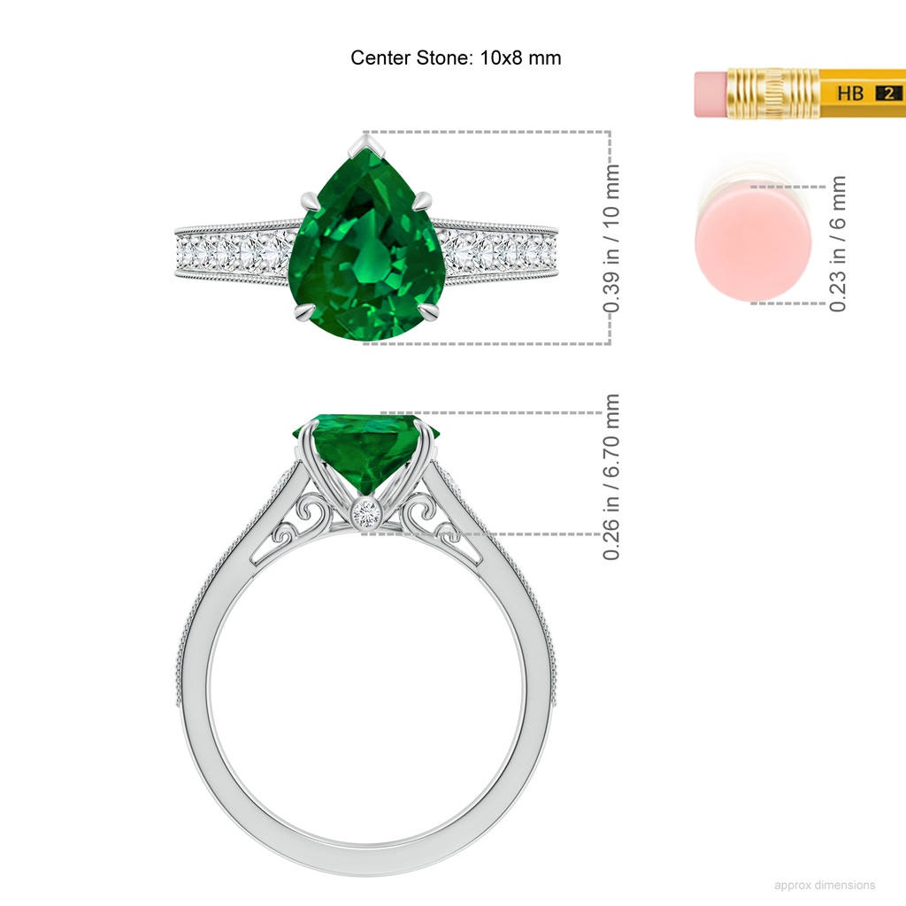 10x8mm Labgrown Vintage Inspired Pear-Shaped Lab-Grown Emerald Engagement Ring with Milgrain in White Gold ruler