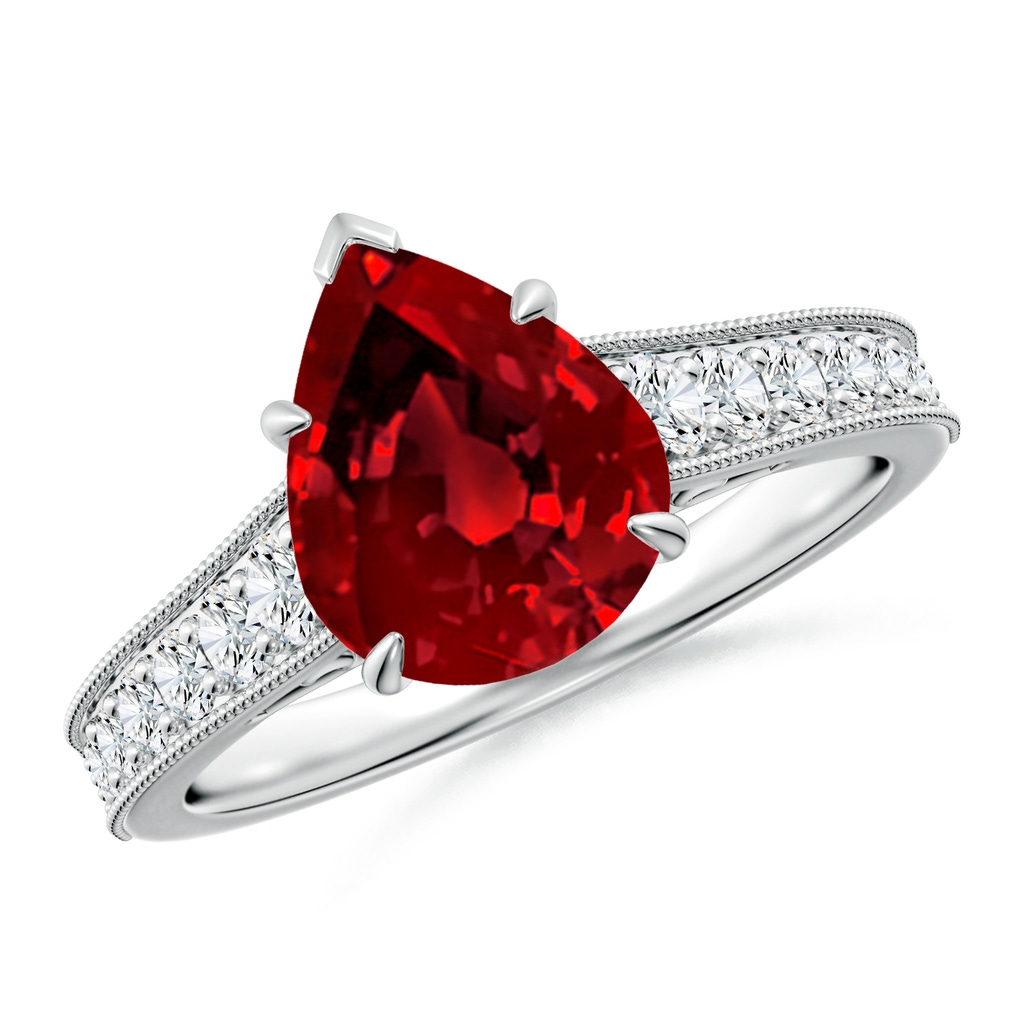 10x8mm Labgrown Vintage Inspired Pear-Shaped Lab-Grown Ruby Engagement Ring with Milgrain in White Gold