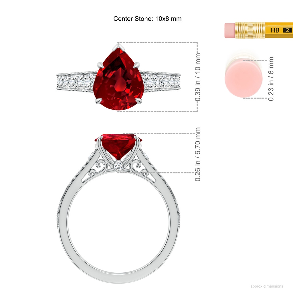 10x8mm Labgrown Vintage Inspired Pear-Shaped Lab-Grown Ruby Engagement Ring with Milgrain in White Gold ruler