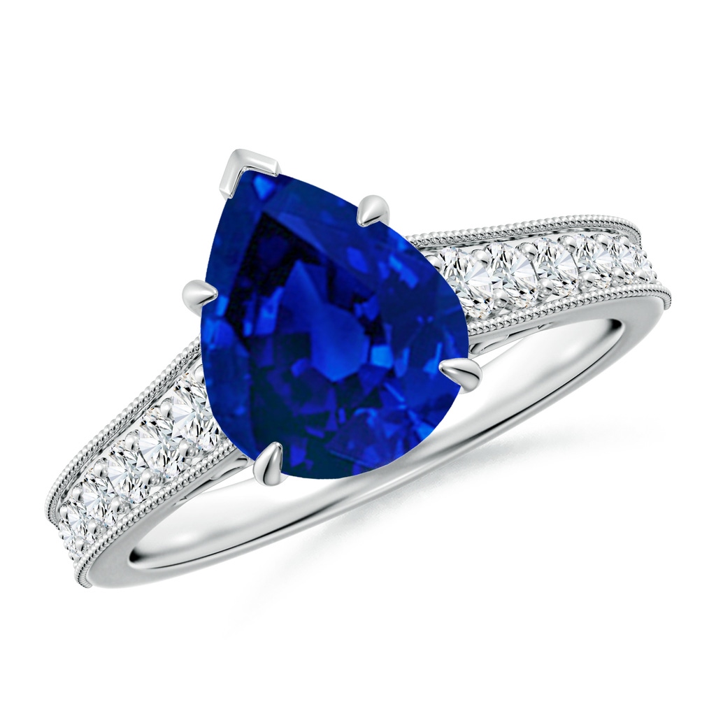 10x8mm Labgrown Vintage Inspired Pear-Shaped Lab-Grown Blue Sapphire Engagement Ring with Milgrain in White Gold 