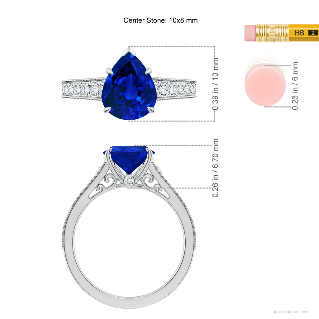 10x8mm Labgrown Vintage Inspired Pear-Shaped Lab-Grown Blue Sapphire Engagement Ring with Milgrain in White Gold ruler
