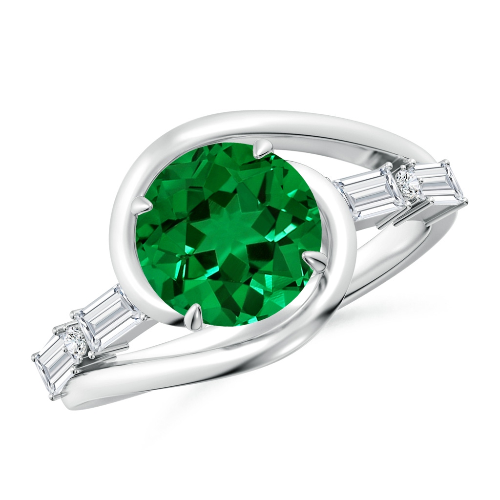 8mm Labgrown Vintage Inspired Round Lab-Grown Emerald Bypass Shank Engagement Ring in White Gold 