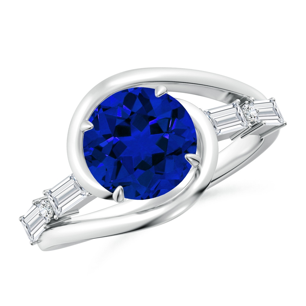 8mm Labgrown Vintage Inspired Round Lab-Grown Blue Sapphire Bypass Shank Engagement Ring in White Gold 