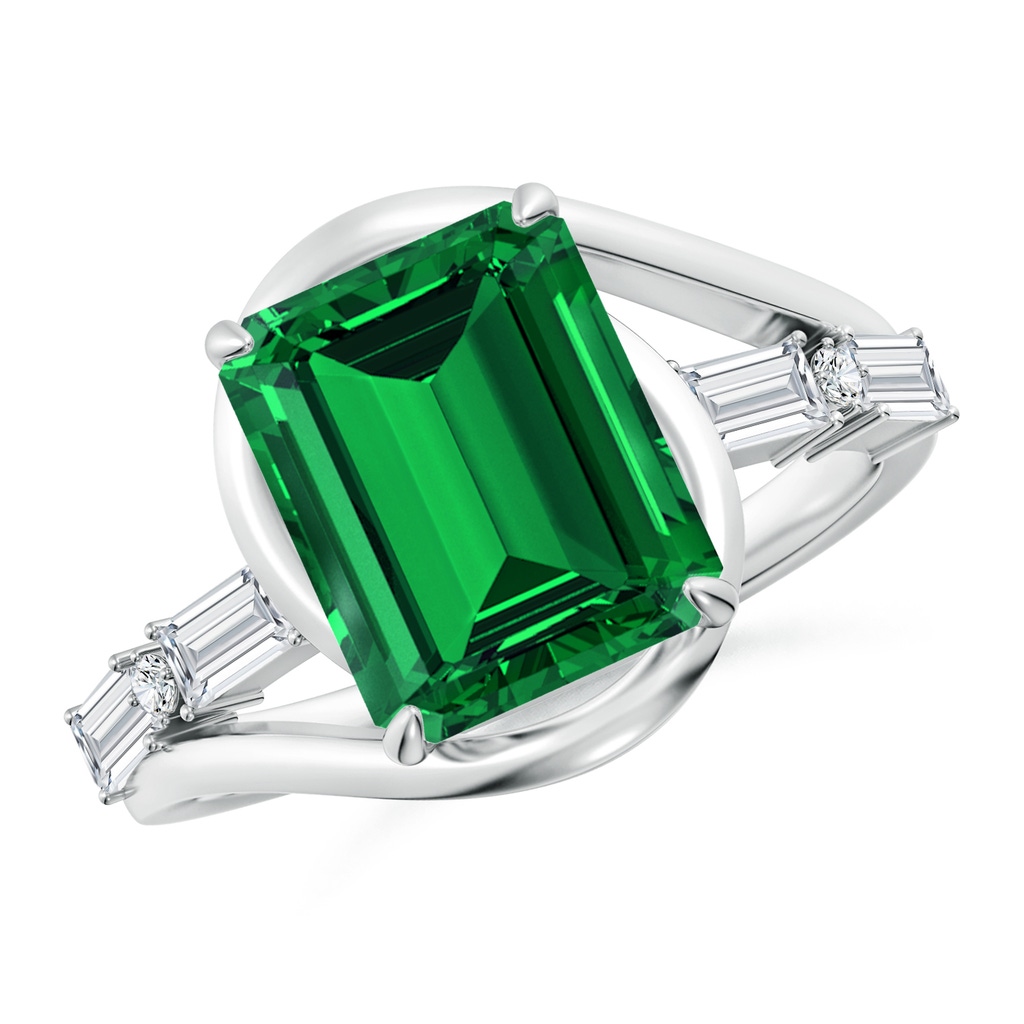 10x8mm Labgrown Vintage Inspired Emerald-Cut Lab-Grown Emerald Bypass Shank Engagement Ring in White Gold 