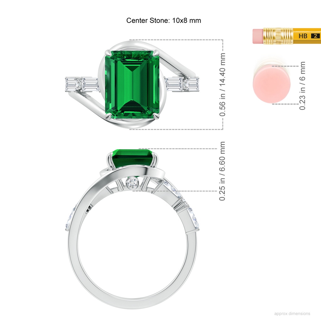 10x8mm Labgrown Vintage Inspired Emerald-Cut Lab-Grown Emerald Bypass Shank Engagement Ring in White Gold ruler