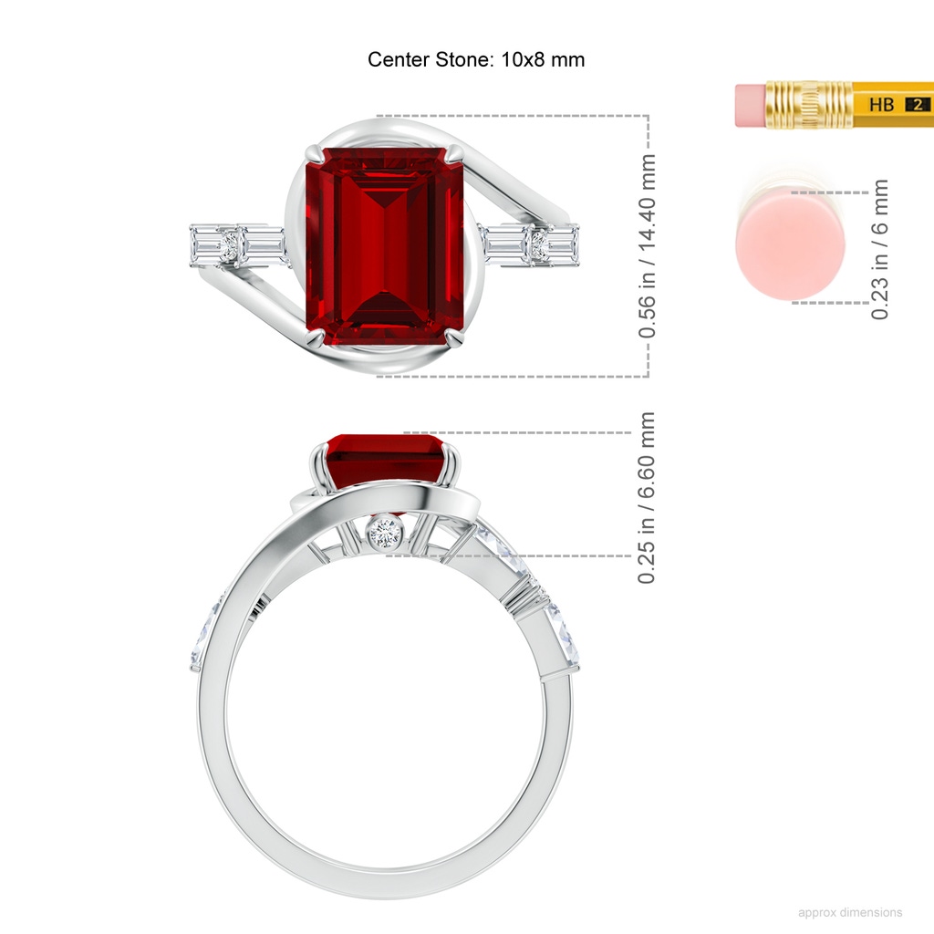 10x8mm Labgrown Vintage Inspired Emerald-Cut Lab-Grown Ruby Bypass Shank Engagement Ring in White Gold ruler