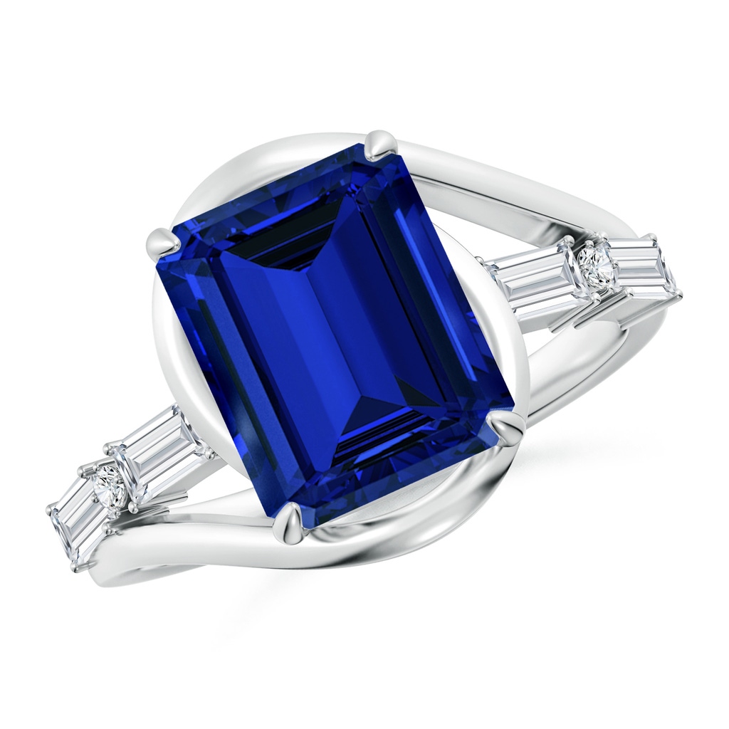 10x8mm Labgrown Vintage Inspired Emerald-Cut Lab-Grown Blue Sapphire Bypass Shank Engagement Ring in White Gold 