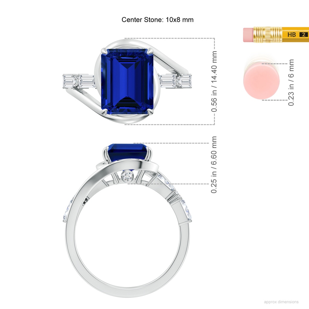 10x8mm Labgrown Vintage Inspired Emerald-Cut Lab-Grown Blue Sapphire Bypass Shank Engagement Ring in White Gold ruler