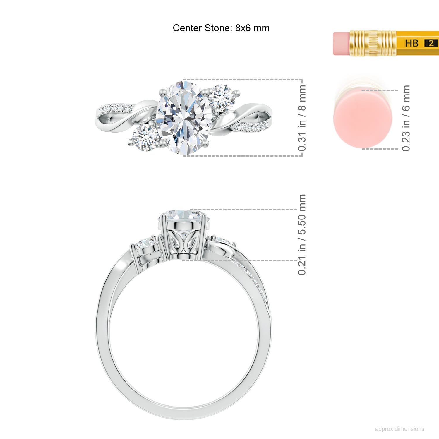 8x6mm FGVS Nature Inspired Oval Lab-Grown Diamond Twisted Vine Engagement Ring in White Gold - ruler