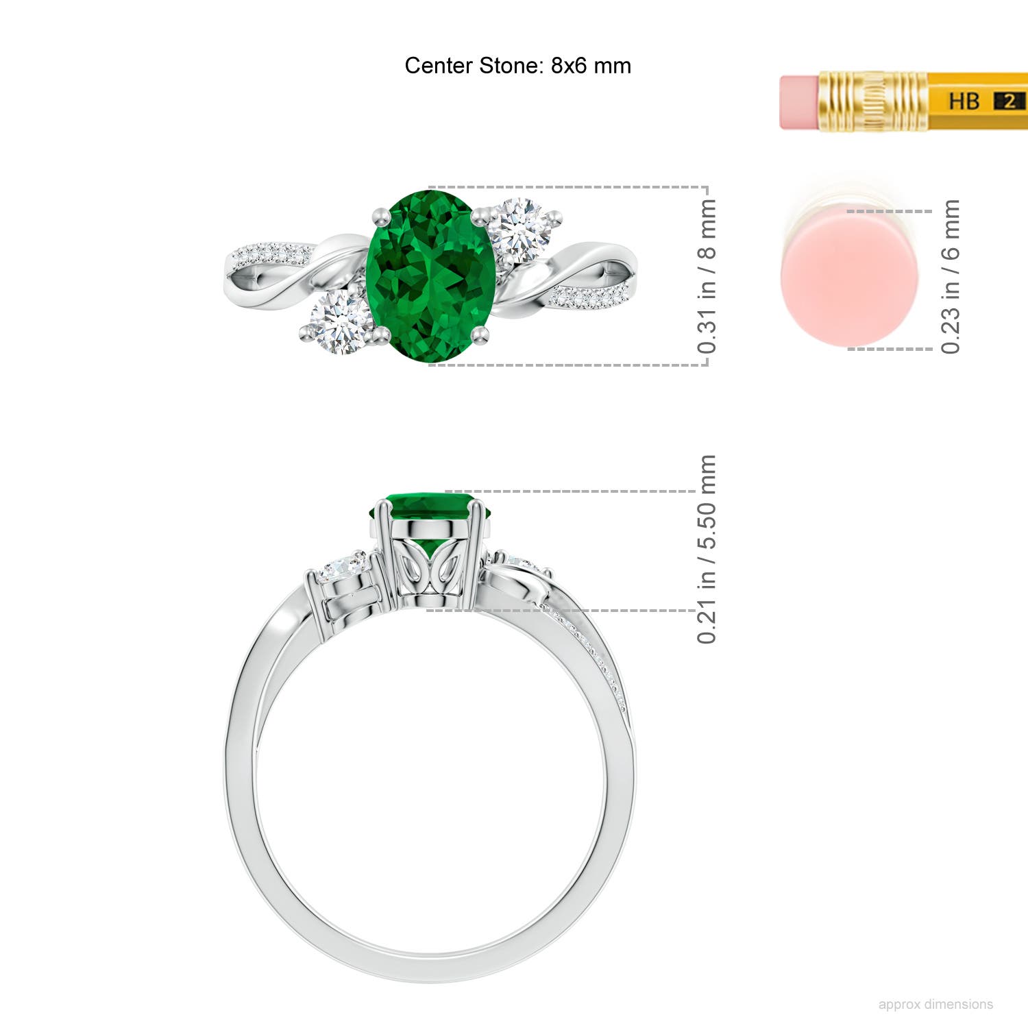 8x6mm Labgrown Nature Inspired Oval Lab-Grown Emerald Twisted Vine Engagement Ring in 18CT White Gold - ruler