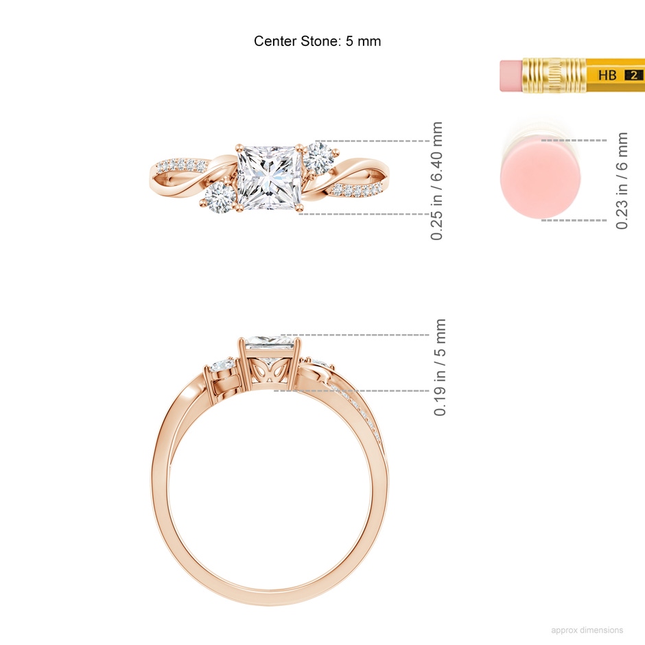 5mm FGVS Nature Inspired Princess-Cut Lab-Grown Diamond Twisted Vine Engagement Ring in Rose Gold ruler