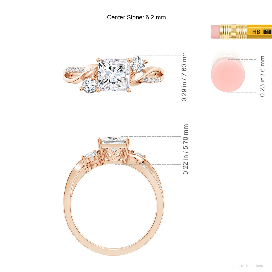 6.2mm FGVS Nature Inspired Princess-Cut Lab-Grown Diamond Twisted Vine Engagement Ring in Rose Gold ruler