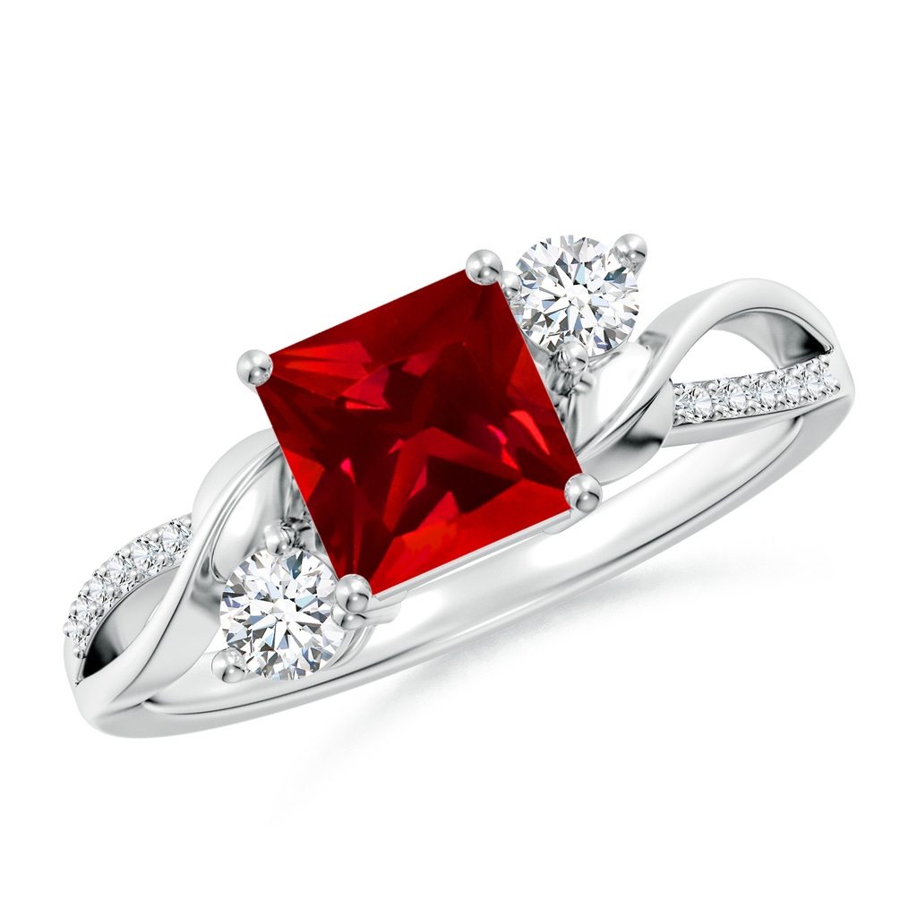 6mm Labgrown Nature Inspired Square Lab-Grown Ruby Twisted Vine Engagement Ring in 18K White Gold