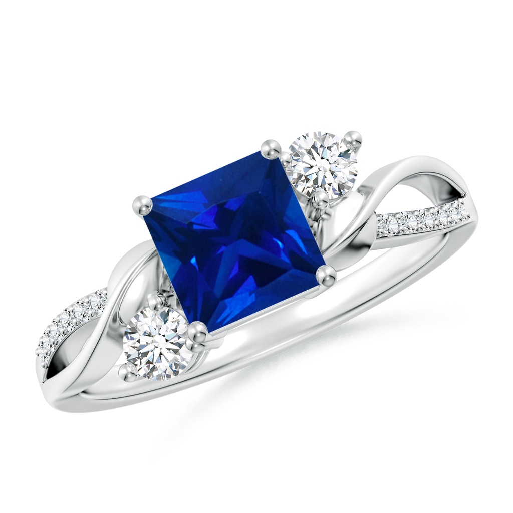 6mm Labgrown Nature Inspired Square Lab-Grown Blue Sapphire Twisted Vine Engagement Ring in White Gold 