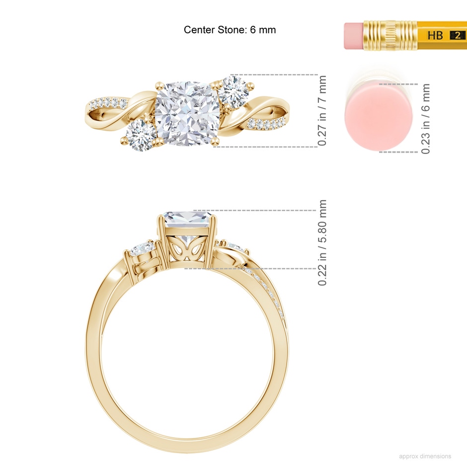 6mm FGVS Nature Inspired Cushion Lab-Grown Diamond Twisted Vine Engagement Ring in Yellow Gold ruler