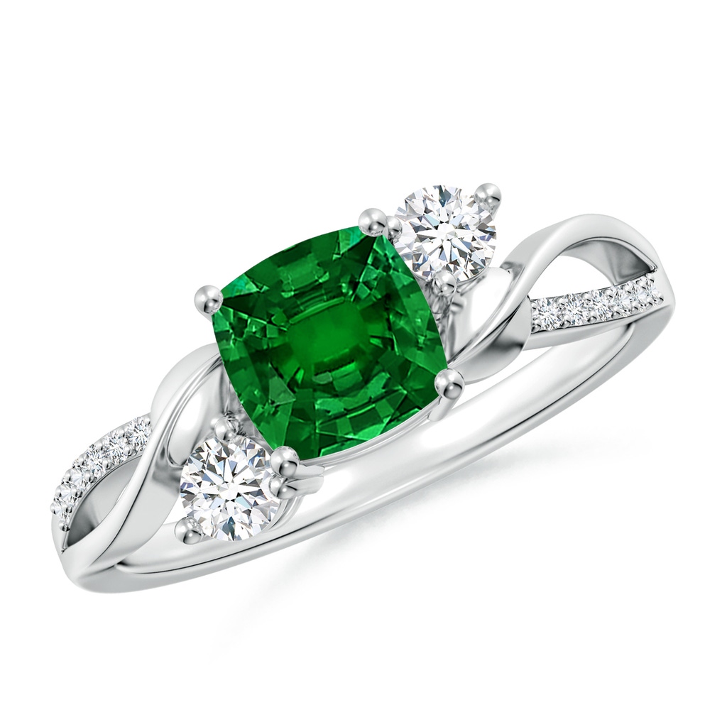 6mm Labgrown Nature Inspired Cushion Lab-Grown Emerald Twisted Vine Engagement Ring in White Gold