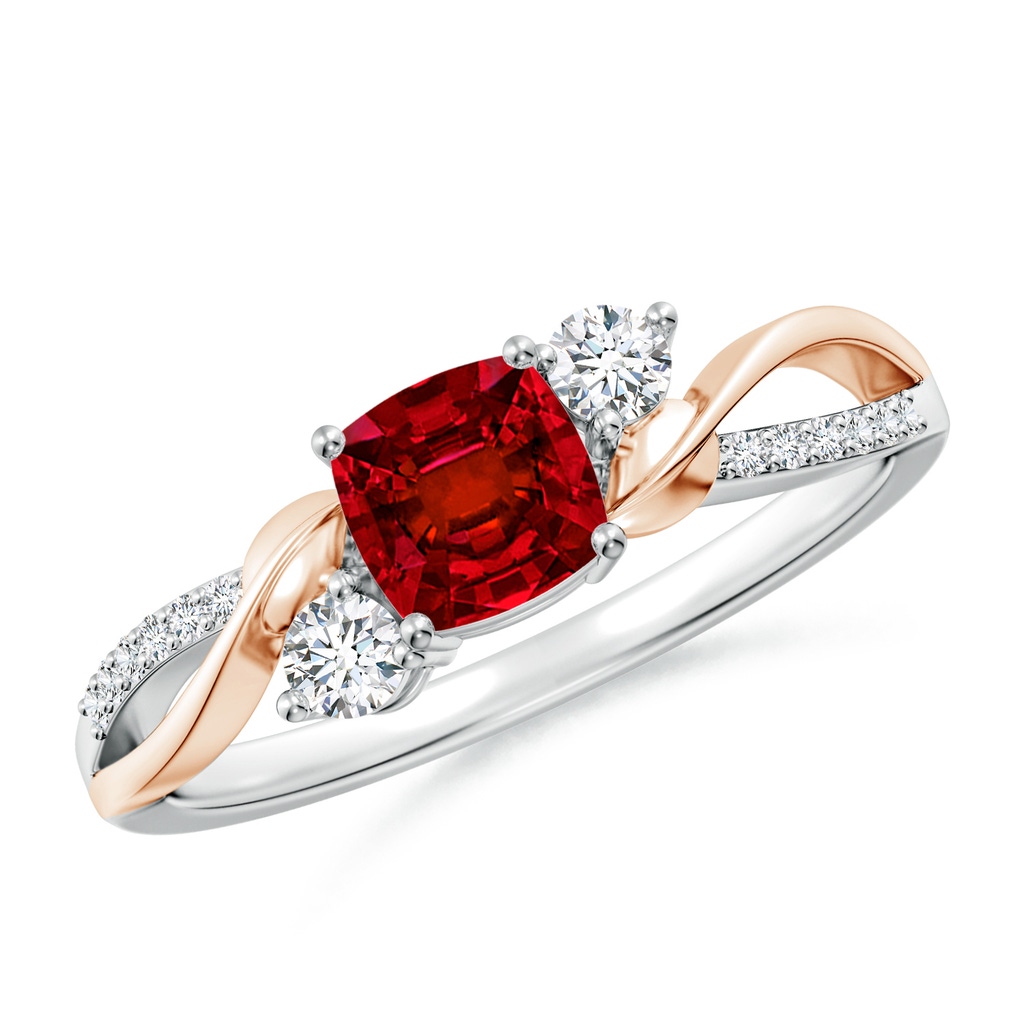 5mm Labgrown Nature Inspired Cushion Lab-Grown Ruby Twisted Vine Engagement Ring in White Gold Rose Gold