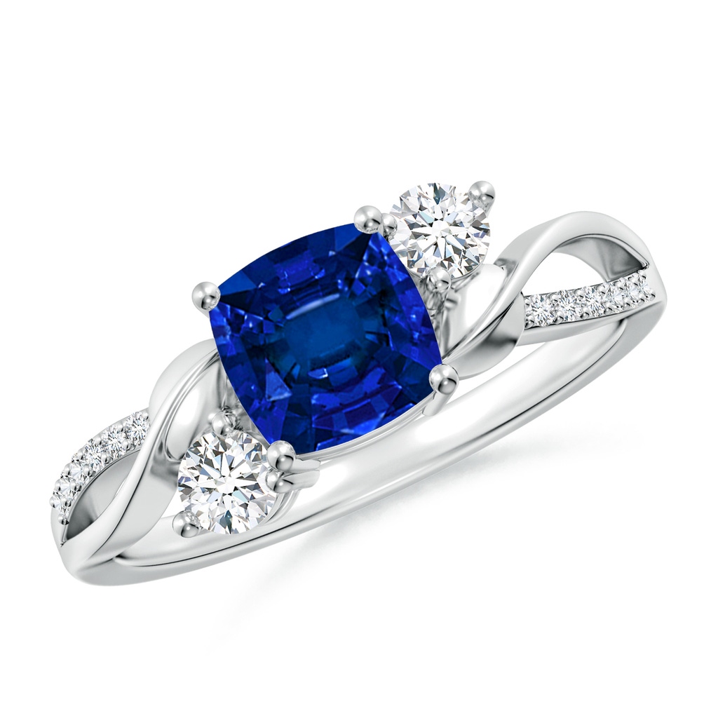 6mm Labgrown Nature Inspired Cushion Lab-Grown Blue Sapphire Twisted Vine Engagement Ring in White Gold 