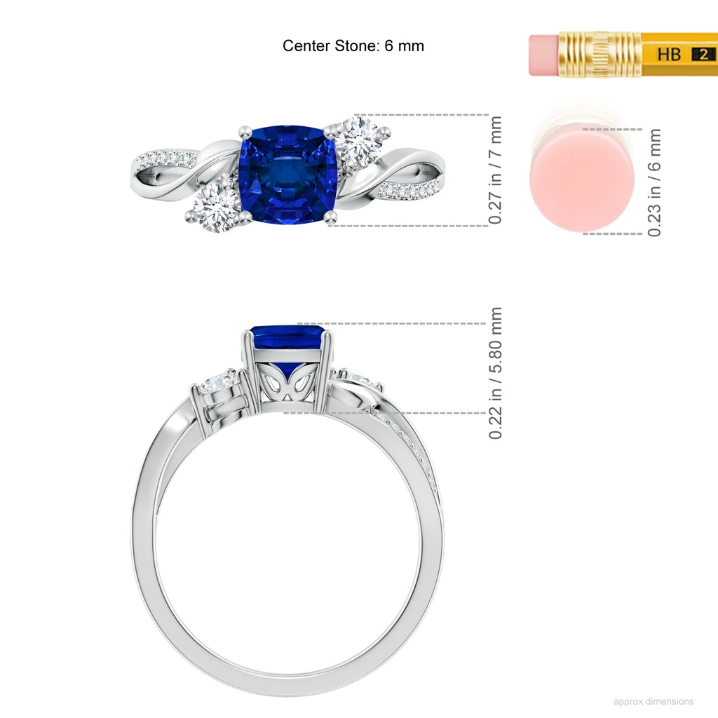 6mm Labgrown Nature Inspired Cushion Lab-Grown Blue Sapphire Twisted Vine Engagement Ring in White Gold ruler
