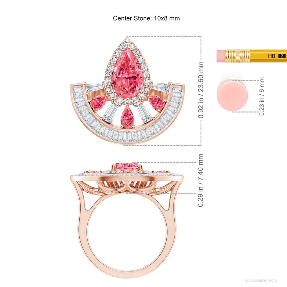 10x8mm Labgrown Aurora Art Deco Style Pear Lab-Grown Fancy Intense Pink Diamond Halo Statement Ring in 18K Rose Gold ruler