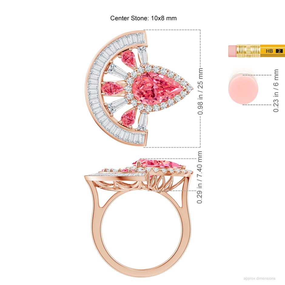 10x8mm Labgrown Aurora Art Deco Style Pear Lab-Grown Fancy Intense Pink Diamond Statement Ring in 18K Rose Gold ruler