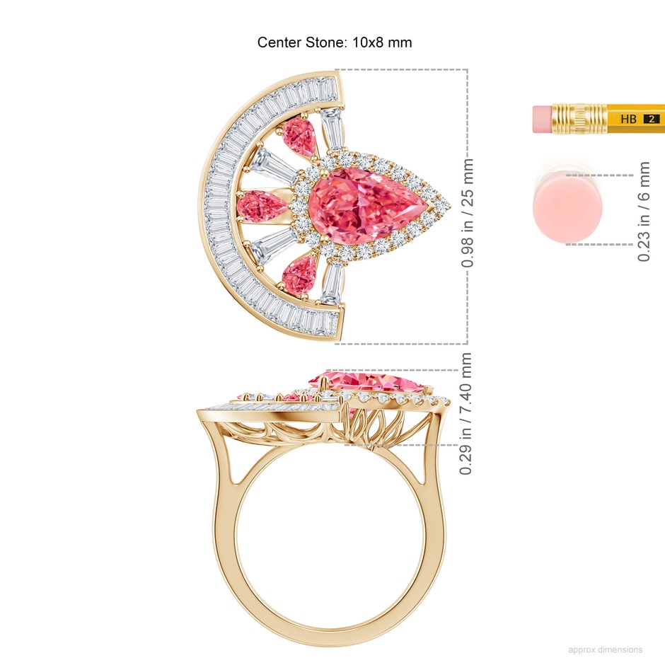 10x8mm Labgrown Aurora Art Deco Style Pear Lab-Grown Fancy Intense Pink Diamond Statement Ring in 18K Yellow Gold ruler