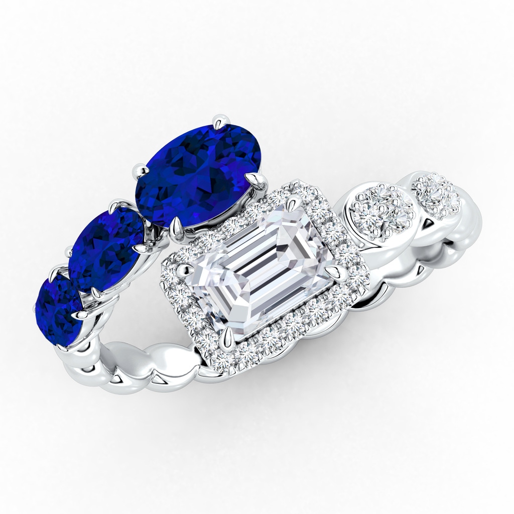 6x4mm Labgrown Oval Lab-Grown Blue Sapphire and Emerald-Cut Diamond Open Ring in White Gold