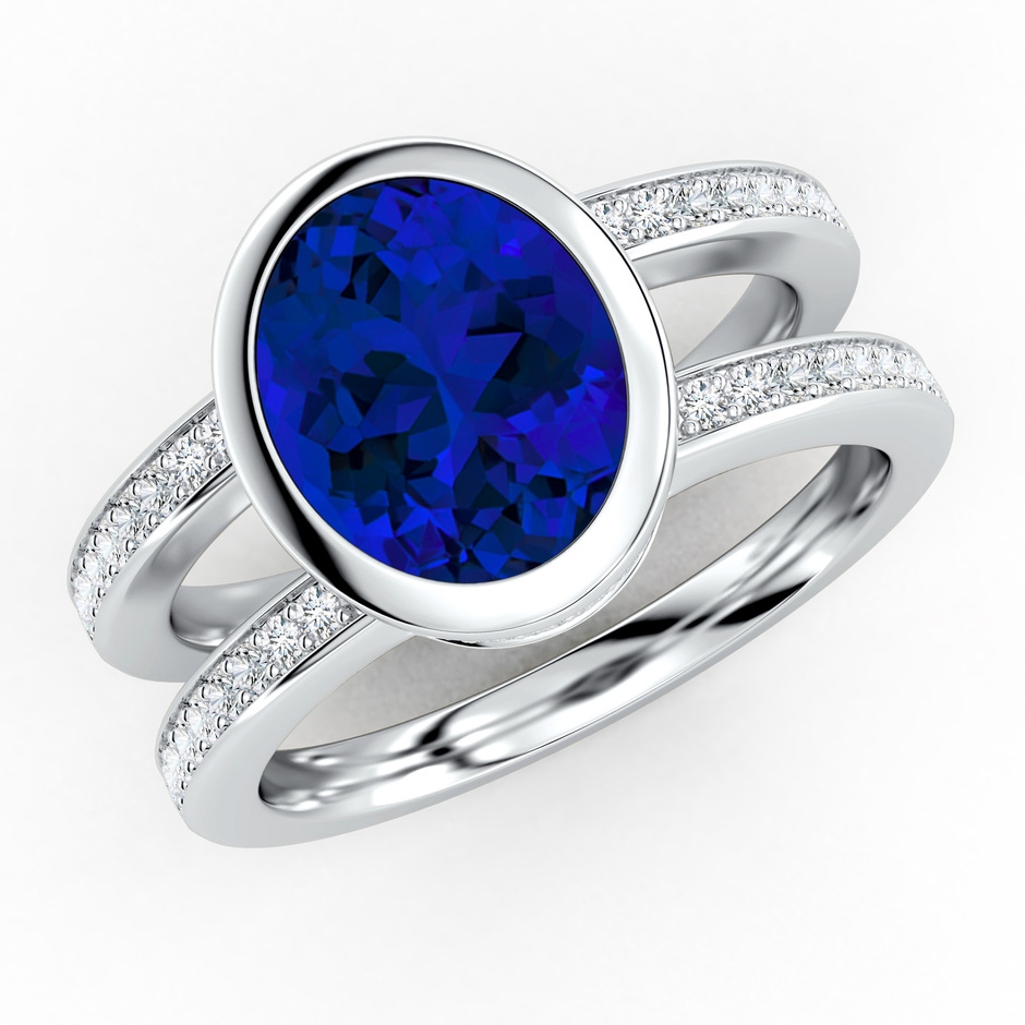 10x8mm Labgrown Bezel-Set Oval Lab-Grown Blue Sapphire Dual Shank Ring with Accents in White Gold 
