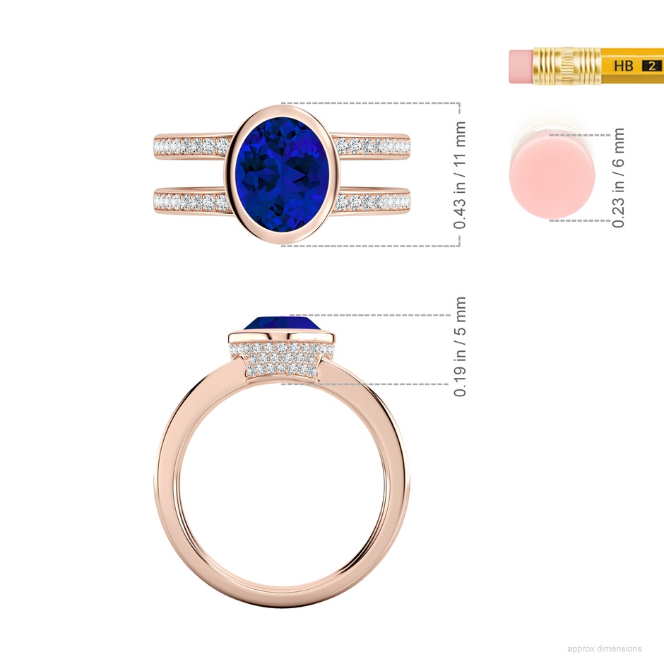 9x7mm Labgrown Bezel-Set Oval Lab-Grown Blue Sapphire Dual Shank Ring with Accents in Rose Gold ruler