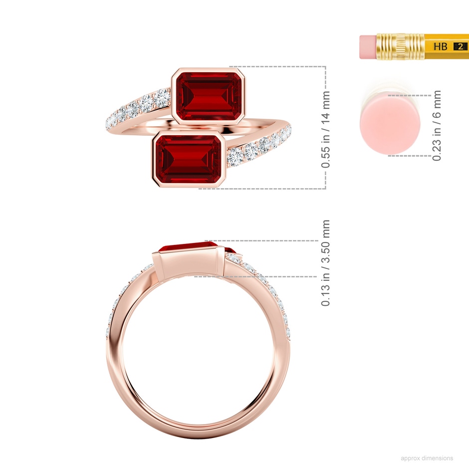 7x5mm Labgrown Emerald-Cut Lab-Grown Ruby Two Stone Bypass Ring in Rose Gold ruler