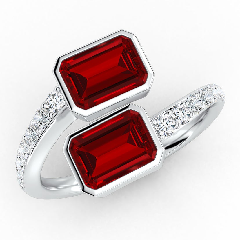 Emerald-Cut Lab-Grown Ruby Two Stone Bypass Ring