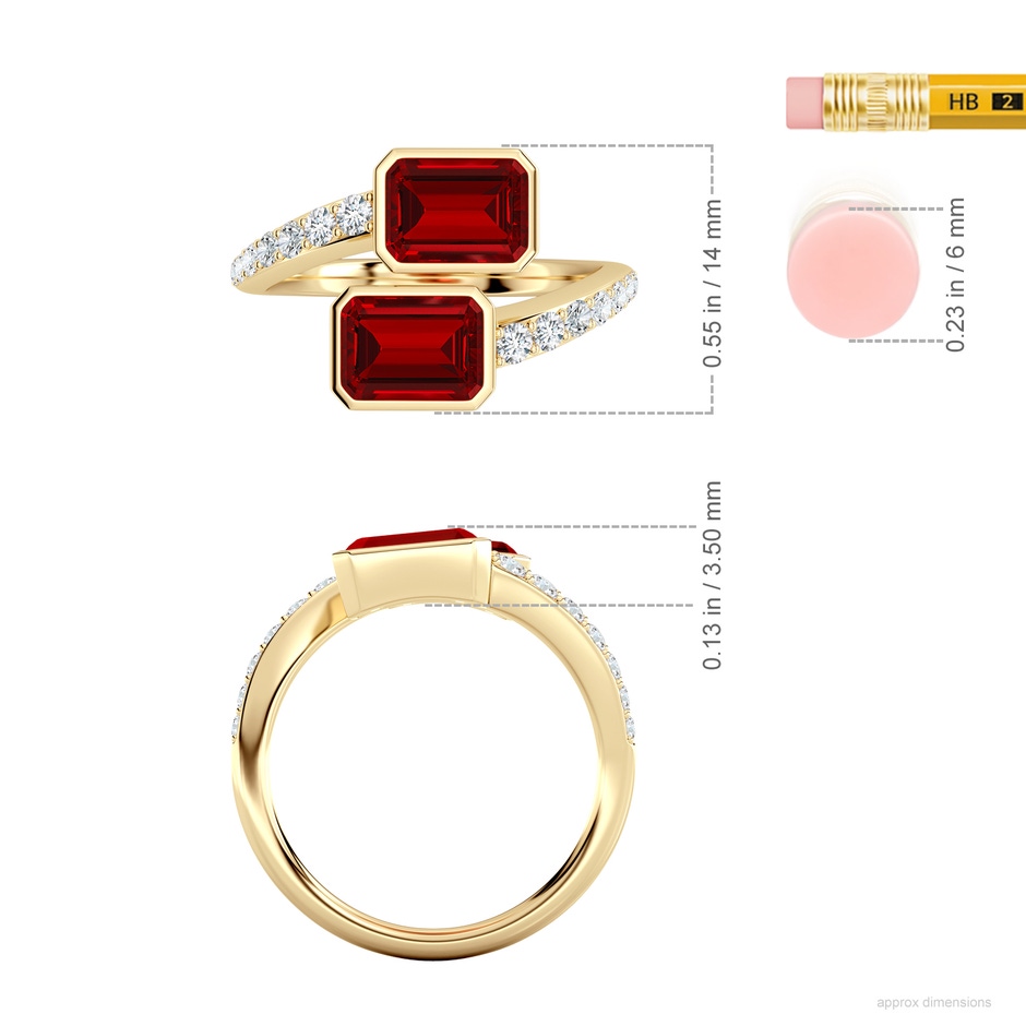 7x5mm Labgrown Emerald-Cut Lab-Grown Ruby Two Stone Bypass Ring in Yellow Gold ruler