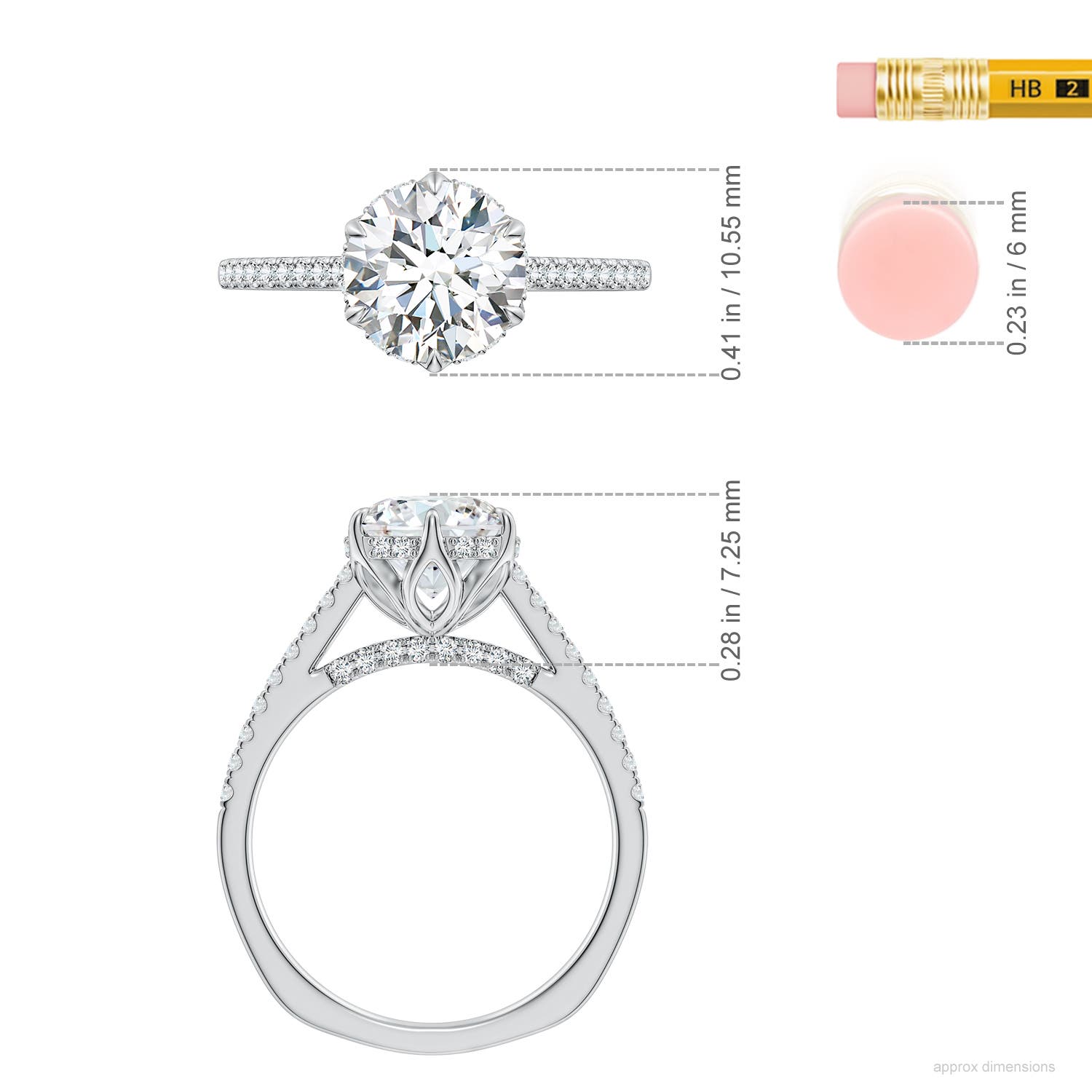 8mm FGVS Six Prong-Set Round Lab-Grown Diamond Cathedral Engagement Ring in White Gold - ruler