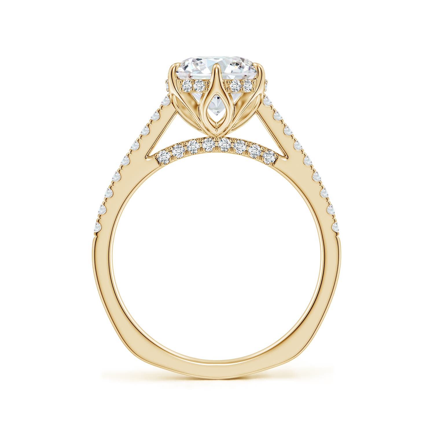 8mm FGVS Six Prong-Set Round Lab-Grown Diamond Cathedral Engagement Ring in Yellow Gold
