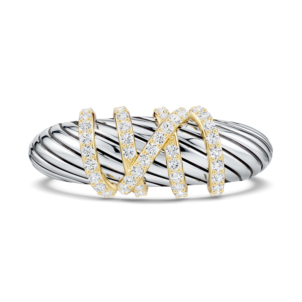 1.1mm FGVS Oxidized Sterling Silver and 18K Yellow Gold Lab-Grown Diamond Crossover Twisted Dome Ring in  Sterling Silver & 18K Yellow Gold