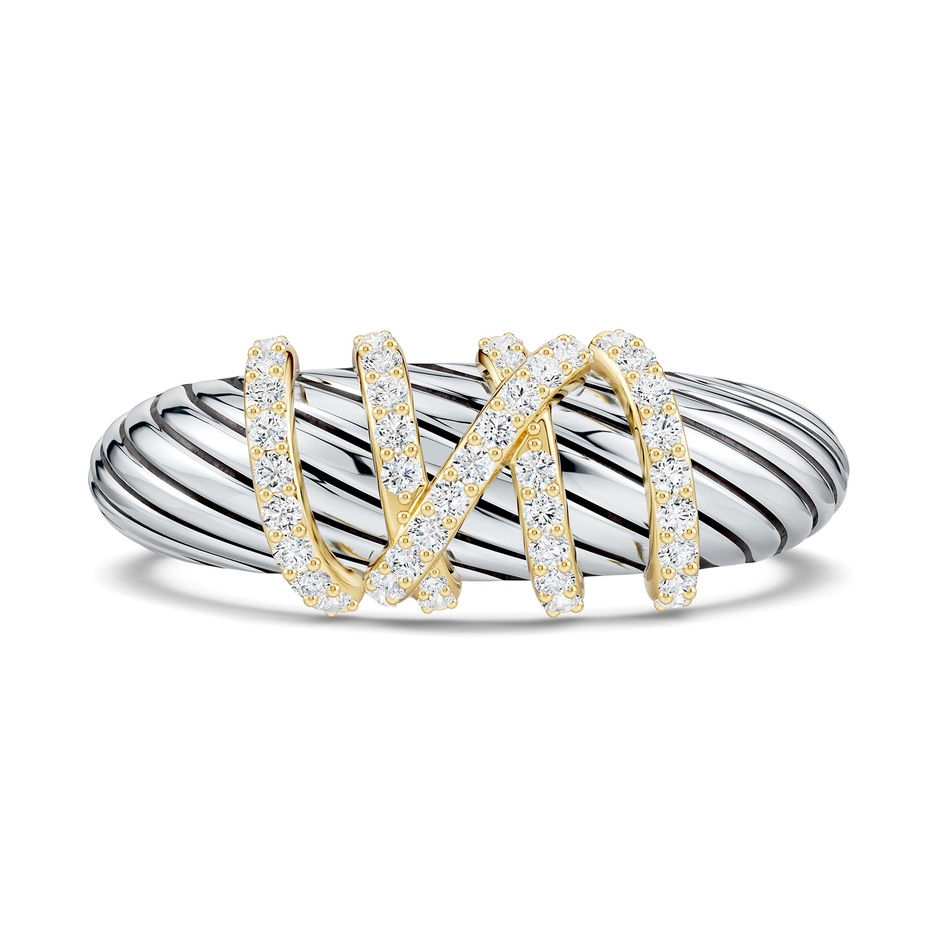 1.1mm FGVS Oxidized Sterling Silver and 18K Yellow Gold Lab-Grown Diamond Crossover Twisted Dome Ring in  Sterling Silver & 18K Yellow Gold 