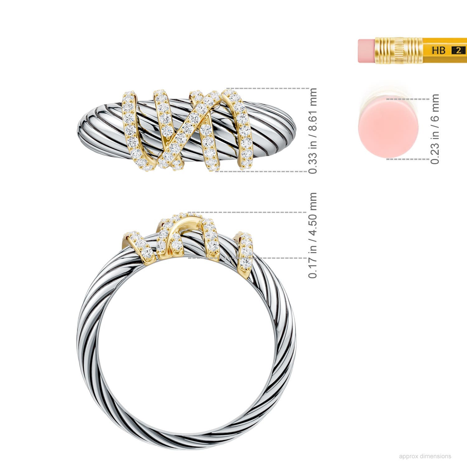 1.1mm FGVS Oxidized Sterling Silver and 18CT Yellow Gold Lab-Grown Diamond Crossover Twisted Dome Ring in  Sterling Silver & 18CT Yellow Gold - ruler