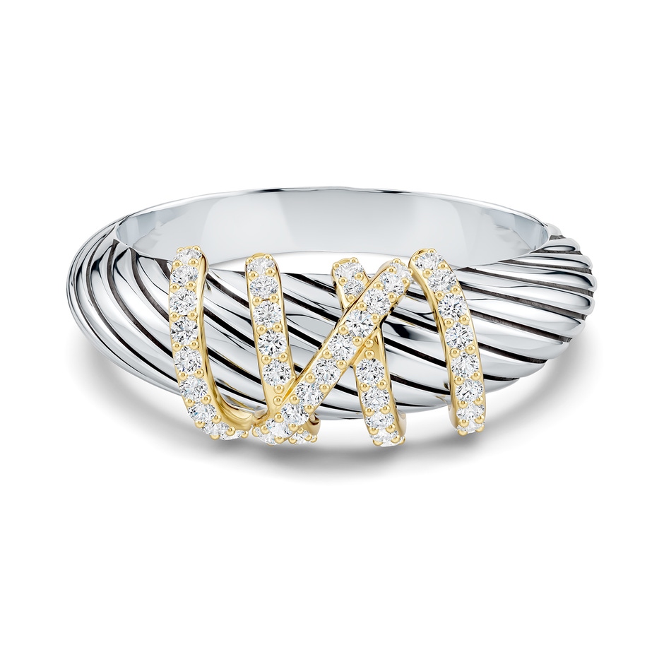 1.1mm FGVS Oxidized Sterling Silver and 18K Yellow Gold Lab-Grown Diamond Crossover Twisted Dome Ring in  Sterling Silver & 18K Yellow Gold side 699