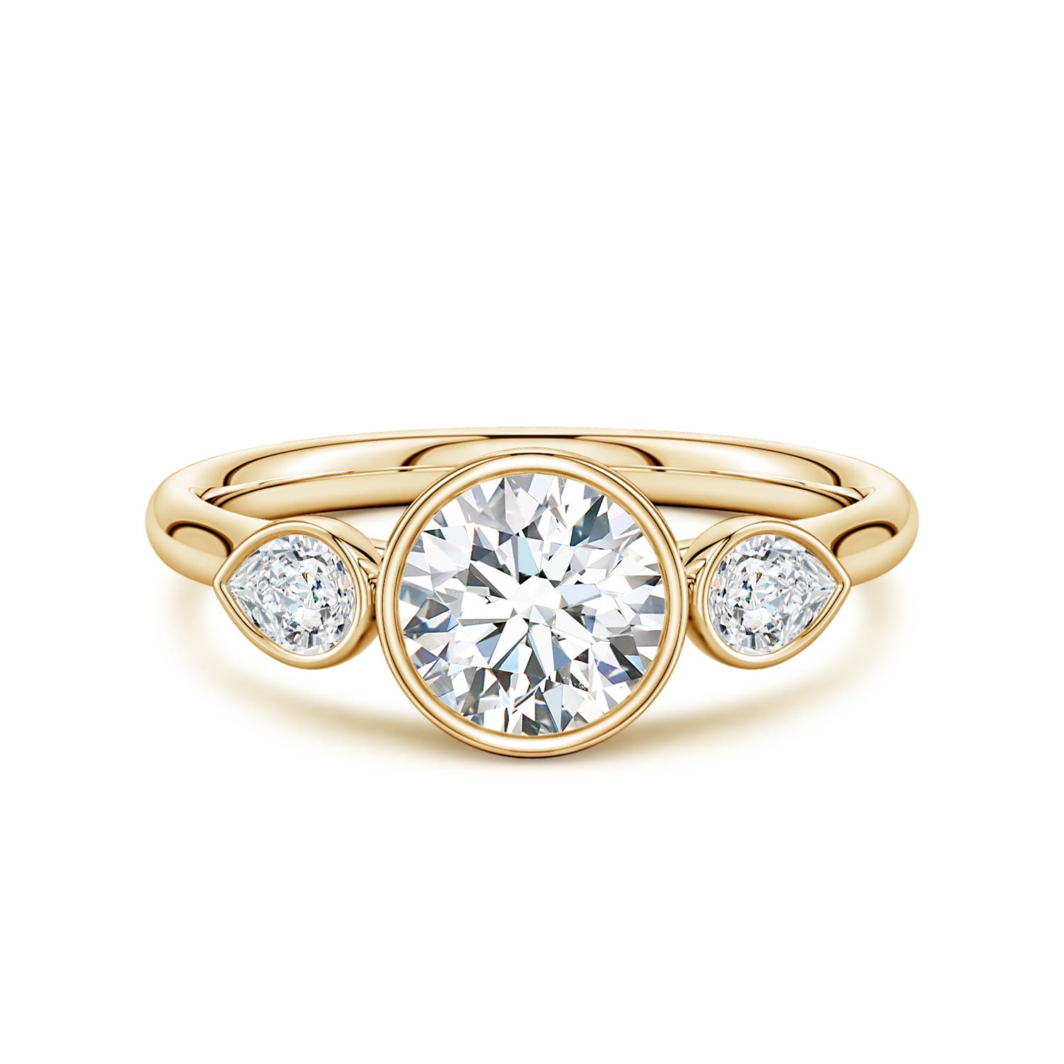 6.4mm FGVS Bezel-Set Round and Pear Lab-Grown Diamond Three-Stone Engagement Ring in Yellow Gold