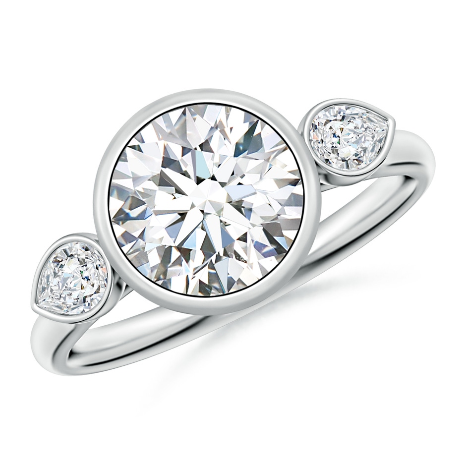 8.1mm FGVS Bezel-Set Round and Pear Lab-Grown Diamond Three-Stone Engagement Ring in 18K White Gold 