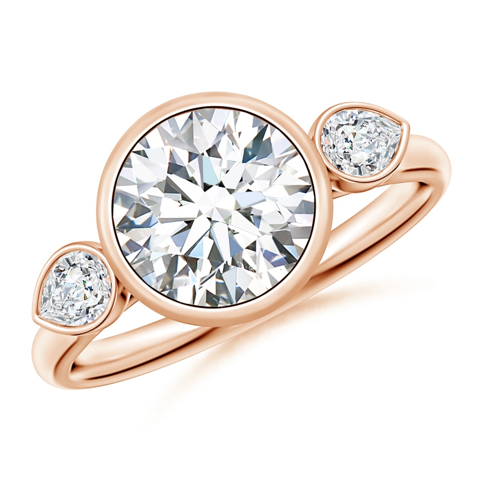 8.1mm FGVS Bezel-Set Round and Pear Lab-Grown Diamond Three-Stone Engagement Ring in Rose Gold 