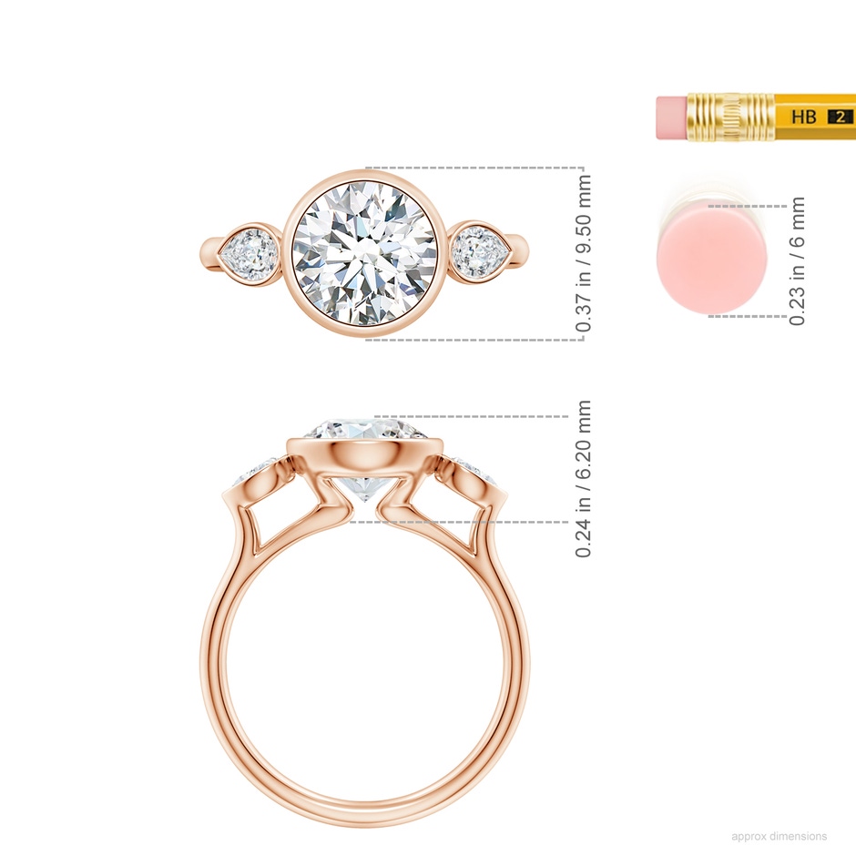 8.1mm FGVS Bezel-Set Round and Pear Lab-Grown Diamond Three-Stone Engagement Ring in Rose Gold ruler