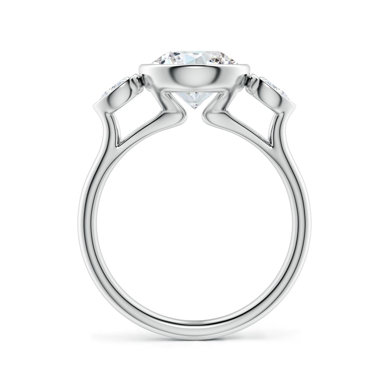 8.1mm FGVS Bezel-Set Round and Pear Lab-Grown Diamond Three-Stone Engagement Ring in White Gold