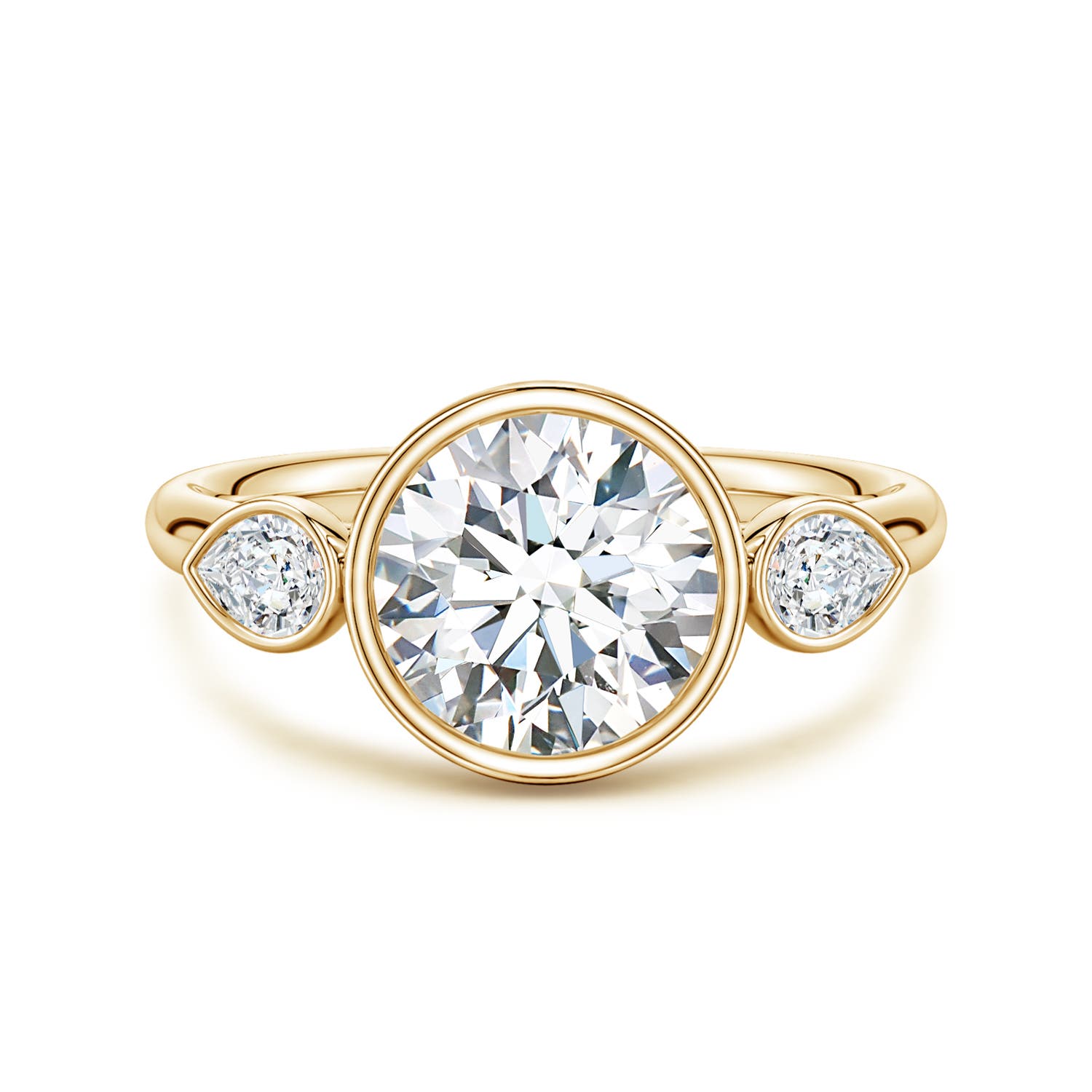 8.1mm FGVS Bezel-Set Round and Pear Lab-Grown Diamond Three-Stone Engagement Ring in Yellow Gold