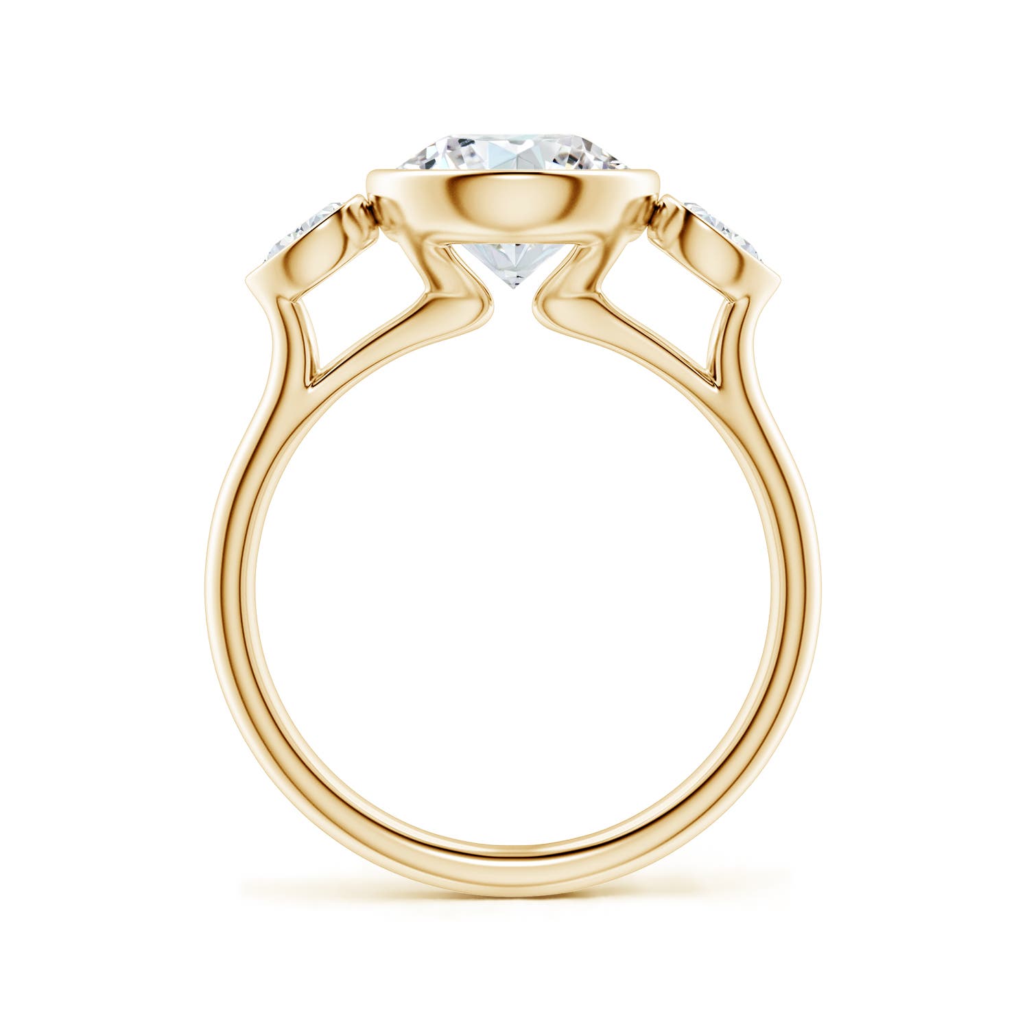 8.1mm FGVS Bezel-Set Round and Pear Lab-Grown Diamond Three-Stone Engagement Ring in Yellow Gold